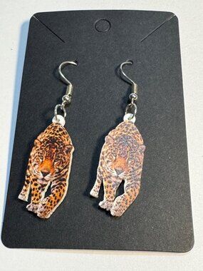 Jaguar Animal Print Acrylic Drop Earrings Silver Fish Hook Style